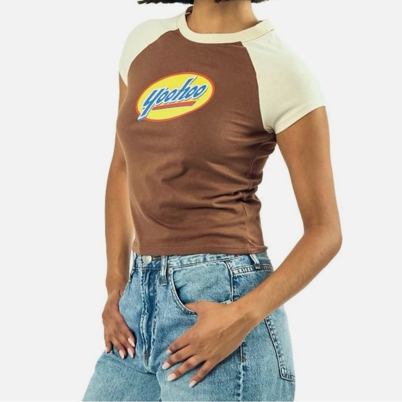 Yoo-Hoo Logo Women's Brown Crew Neck Short Sleeve Baby Raglan Tee XXL NWT - Picture 2 of 5